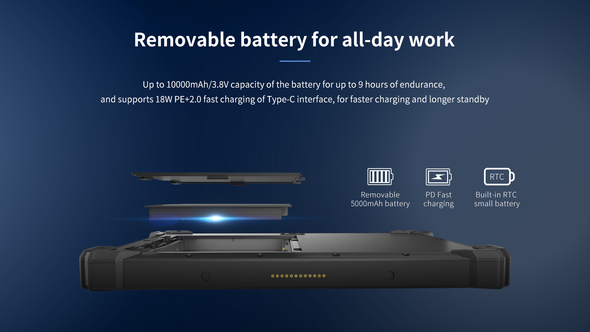 Up to 10000mAh/3.8V capacity of the battery for up to 9 hours ofendurance,and supports 18W PE+2.0 fast charging of Type-c interface.